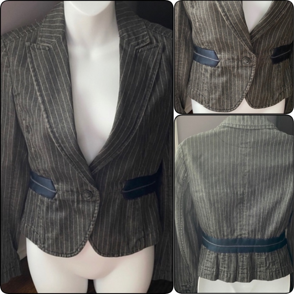 Theory Barker Gray Denim Pin Striped Chic Blazer, 0/XS, Authentic, Like New